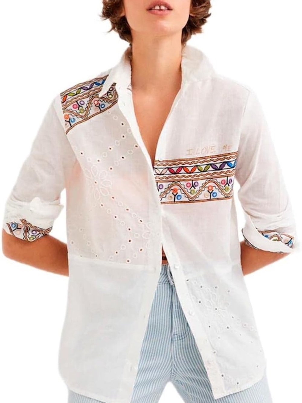 Desigual White Button-Down Shirt with Multicolor Embroidered Trim